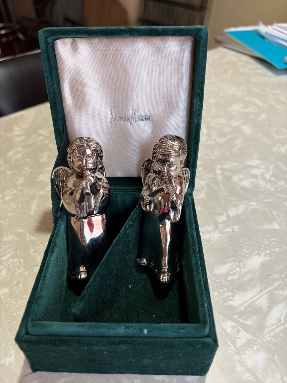 vintage Neiman Marcus silver-plated musical angel salt/pepper shakers Godinger